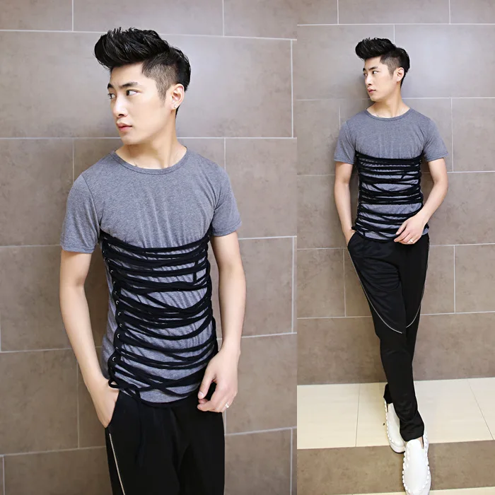 Metrosexual T-shirt novo Traje desgaste da Noite de manga curta T-shirt corda ilhós Coreano magro P55 T98