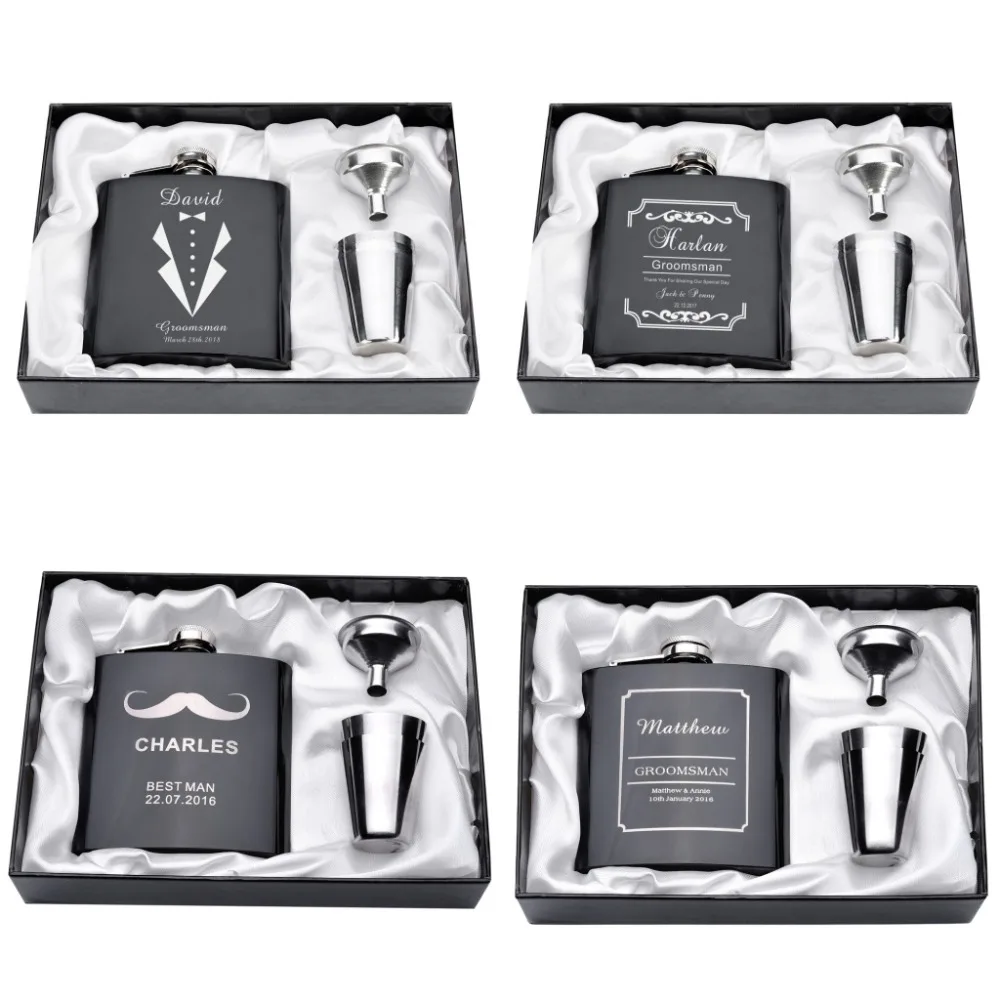 Personalised Engraved Black Hip Flask Set Gift Box Wedding Best Man Usher Gift 