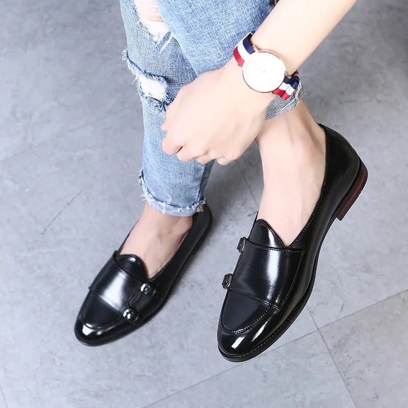 M-anxiu/Новинка года; мужские кожаные туфли с ремешком; лоферы в британском стиле размера плюс; Повседневные Вечерние туфли на плоской подошве; Клубная обувь; 1 - Цвет: black