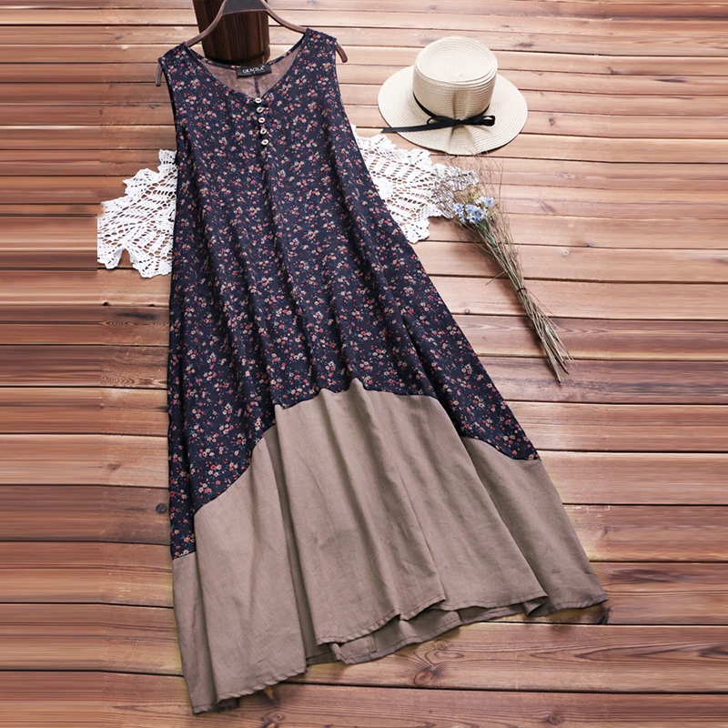 

2019 Floral Printed Dress ZANZEA Summer Women Sleeveless Beach Party Dresses Casual Patchwork Long Tanks Vestido Sarafans S-5XL