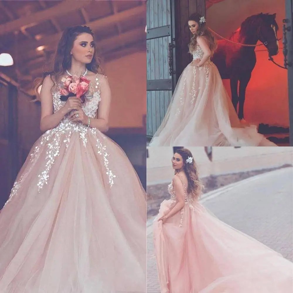 Arabic A Line Wedding Dress Lace Appliques Sheer Neck Bridal Dress