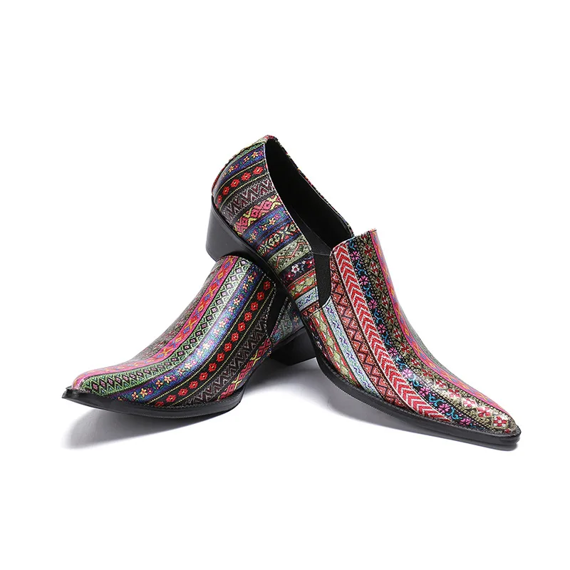 

Spring Summer Men Shoes High Heels Pointed Toe Slip on Printing Leather Fashion Loafers Wedding Shoes