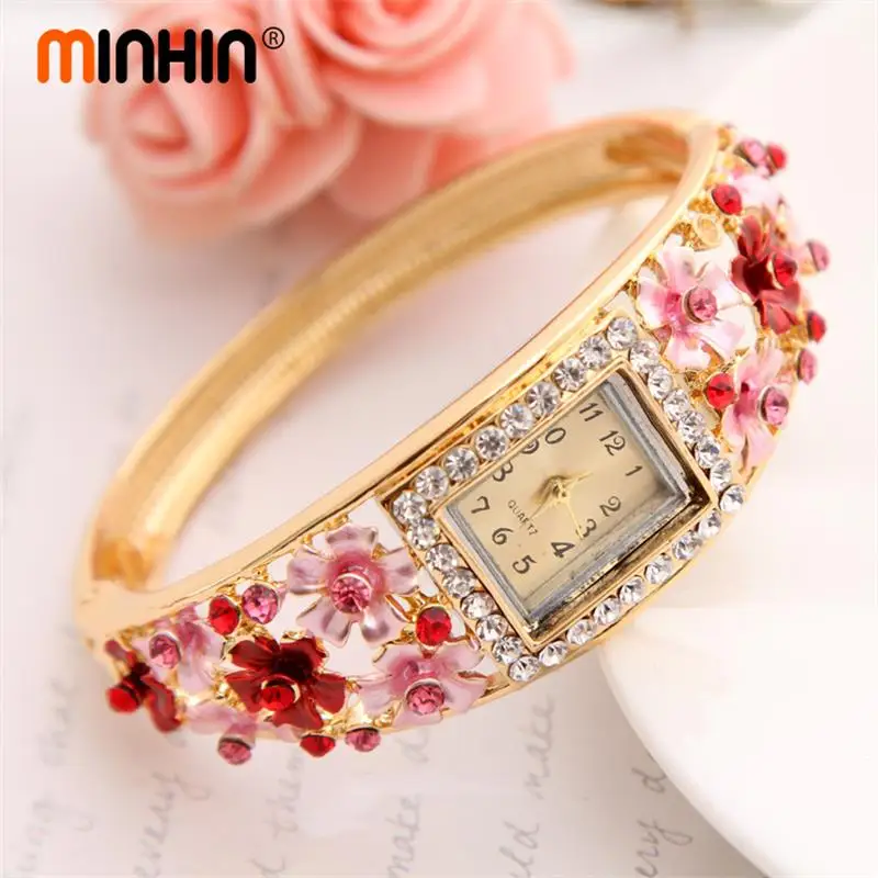 

MINHIN Brilliant 5 Colors Bangle Watches For Women Gold-color Crystal Flower Design Cuff Bracelet Quartz Watch Casual Wristwatch