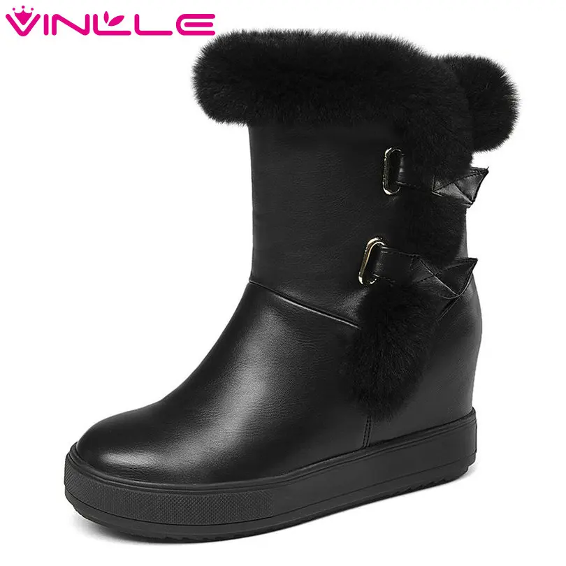 

VINLLE 2018 Women Snow Boots Black Ankle Boots Round Toe Keep Warm Wedge High Heel Hairy Winter Zipper Ladies Shoes Size 34-39