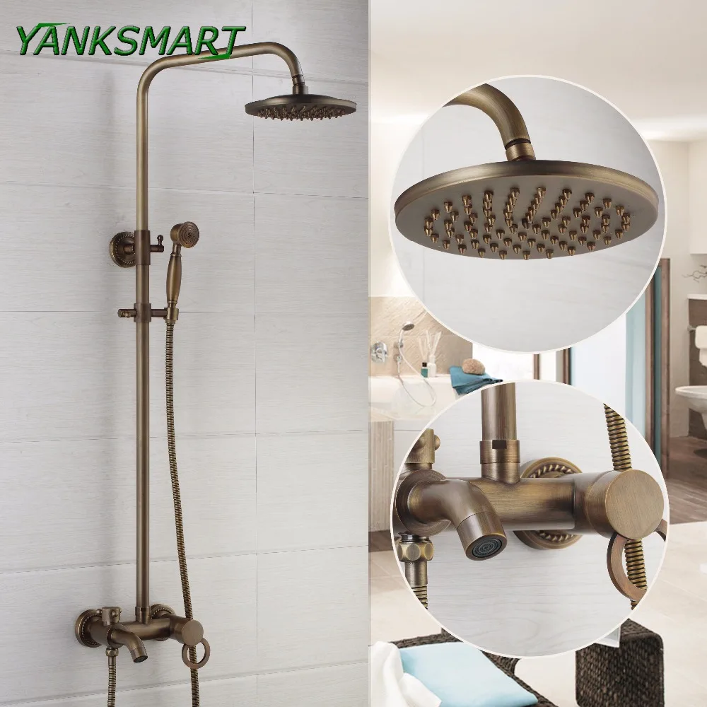 

YANKSMART Flexible Retro vintage brass wall mount 8'' shower head + control valve + hand sprayer +outlet bathroom set