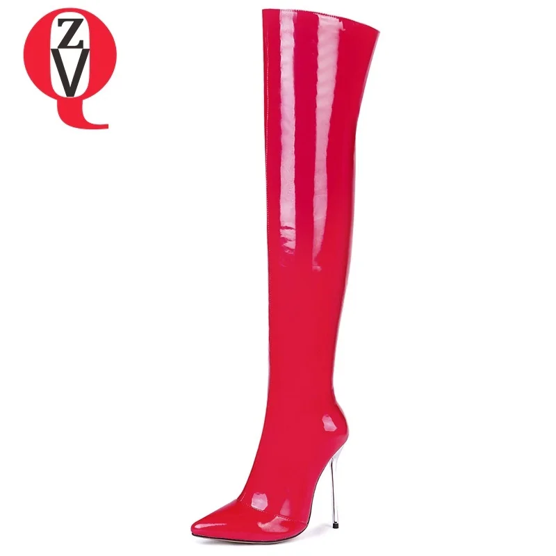 

ZVQ hot sale high quality patent leather super high thin heels pointed toe high boots zip fashion sexy winter party women shoes