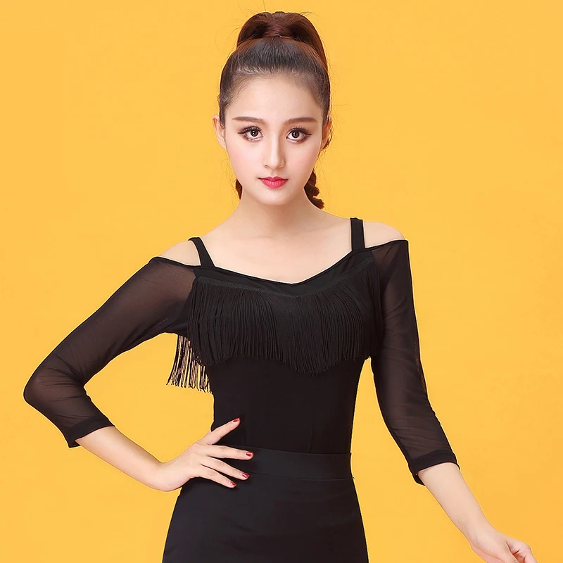 

Spaghetti Strap tassel gauze Latin dance clothes top for women/female/girl dancerwears, Ballroom Costume performance wear YE0215