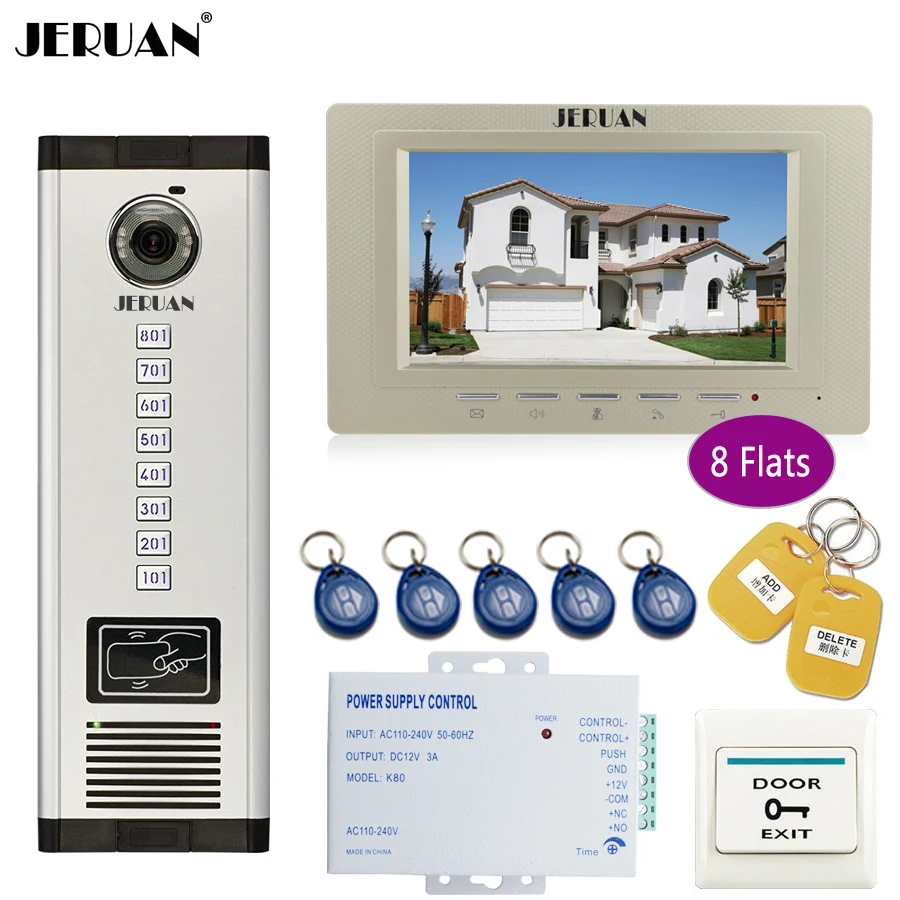 

JERUAN new 7 inch LCD Monitor 700TVL Camera Apartment video door phone 8 kit+Access Control Home Security Kit+free shipping