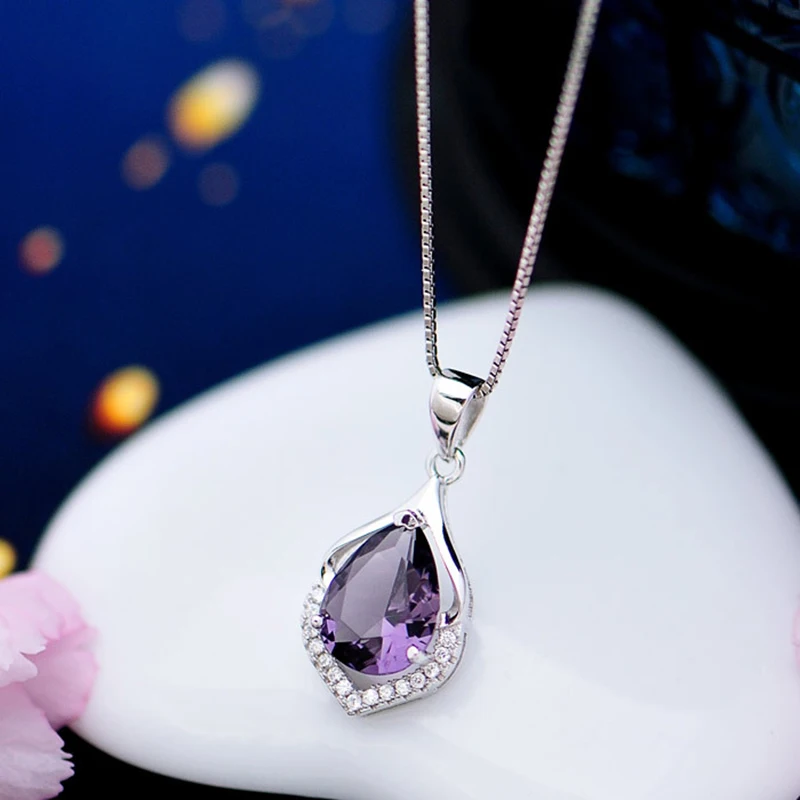 purple water drop crystal women necklaces silver (1)
