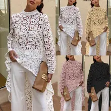 Женская летняя Кружевная туника, пуловер с длинным рукавом, футболка, платье, топы, женский сарафан