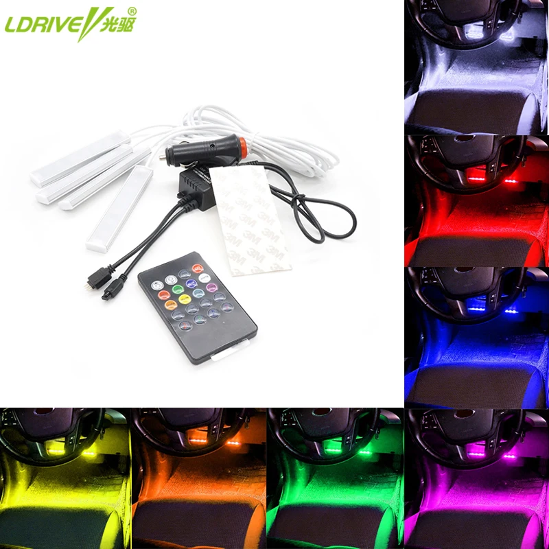 

4pcs/lot RGB Aluminum Frame Car Atmosphere Lamp LED Interior Light Romote Control Music Voice Control Cigarette Lighter Plug