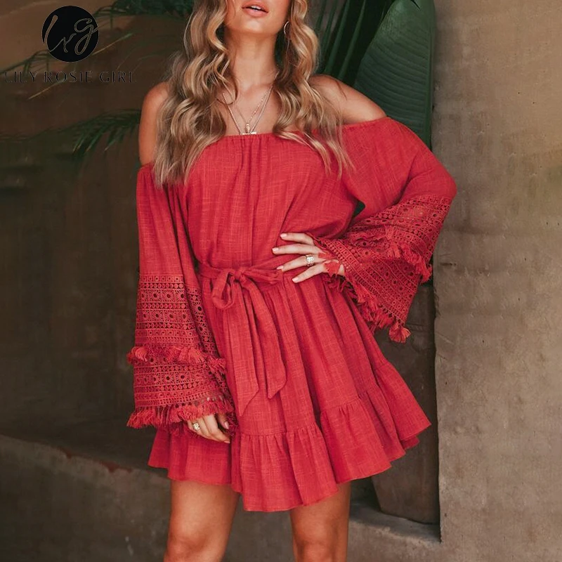 

Lily Rosie Girl Tassel Hollow Out Women White Dress Off Shoulder Party Summer Dress Bow Solid Sweet Beach Dress Vestidos