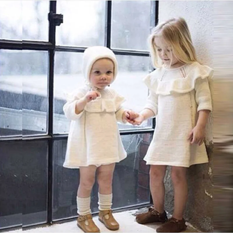 Children's Solid Long Sleeve Ruffles Princess Birthday Party Knitwear Girls Dress with Hat vestidos | Детская одежда и обувь