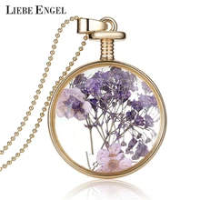 LIEBE ENGEL Romantic Collares Purple Dried Flower Crystal Glass Pendant Necklace Long Gold Chain Necklace Jewelry For Women 2017