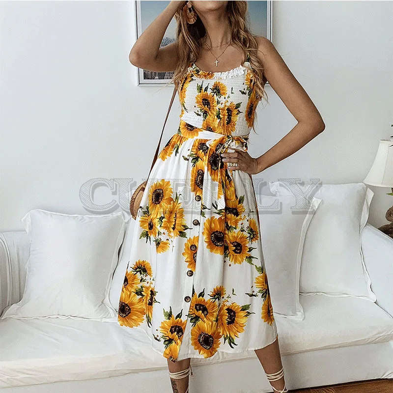 

Cuerly 2019 spring summer sunflower print dress women bohomian beach sundress knee length dress female vestidos L5