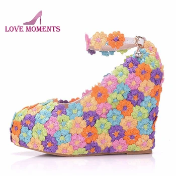

Colorful Lace Flower Wedding Shoes Wedges High Heel Buckle Straps Wedding Party High Heels Platform Girl Summer Dress Shoes