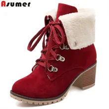 ASUMER/Прямая поставка; Новинка года; женские ботинки; Зимние теплые плюшевые ботинки на квадратном каблуке; ботильоны из искусственной кожи на шнуровке