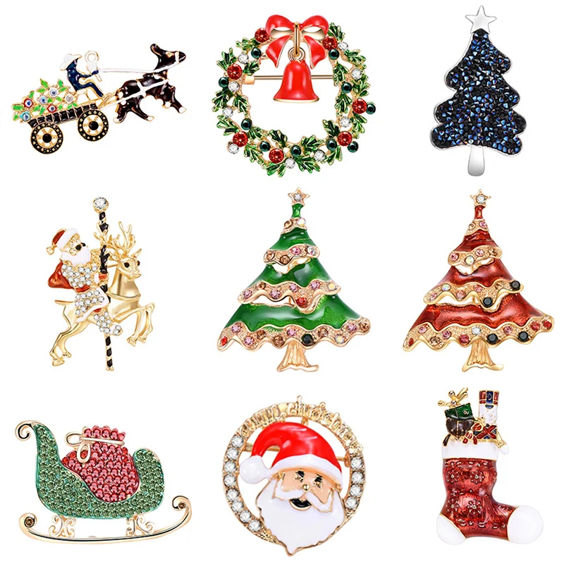 

Santa Clause Tree Stocking Brooch Pin Christmas Gifts Jingle Bell Brooches Charm Metal Christmas Gift 9 Styles