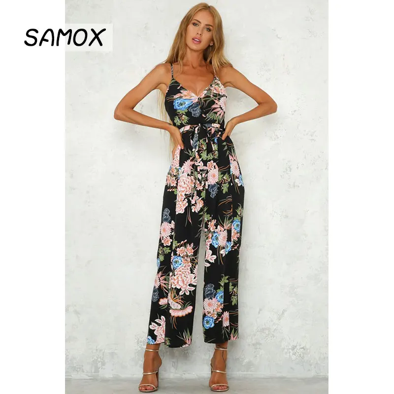 

JSMY Summer Sexy V-neck Off-the-shoulder Backless Print Long Slit Straight Jumpsuit