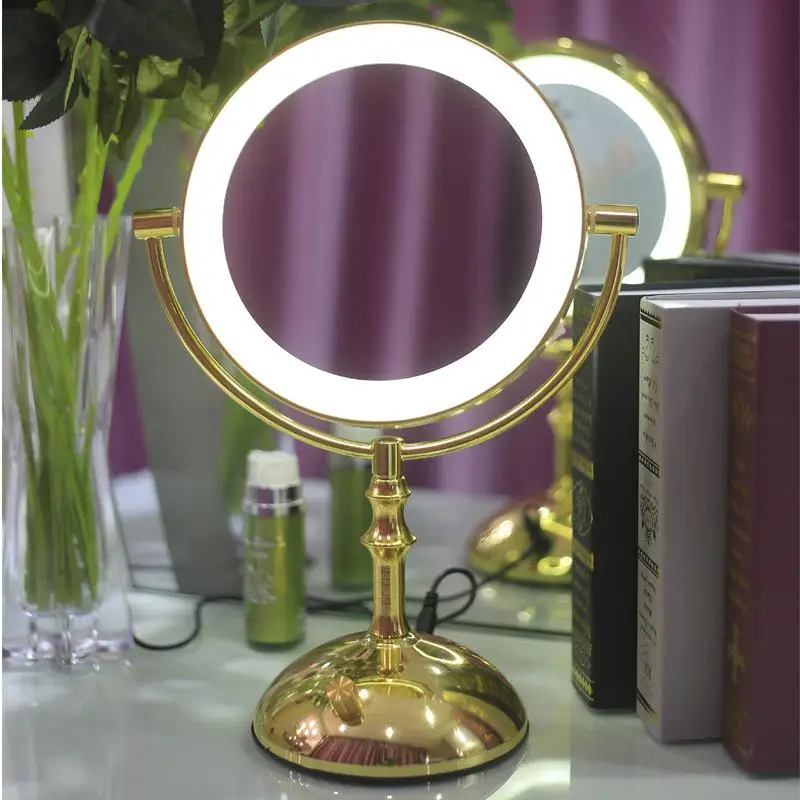 8 дюймов, удлиняющее косметическое зеркало, светодиодный, с подсветкой, увеличительное, стоящее, зеркало для макияжа, двухстороннее, металлическое, круглое, новогоднее, подарочное зеркало - Color: Gold US Plug