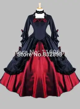 

Gothic Black and Red Floral Satin Victorian Ball Gown Period Dress
