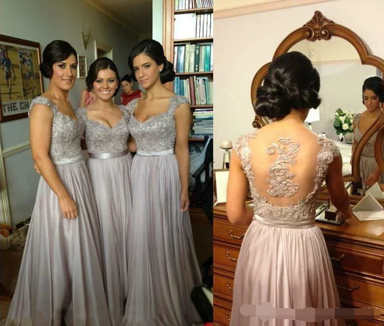 

Sexy Sheer Cap Sleeve vestido madrinha Lace Beaded Coral Silver Lavender Purple Bridesmaid Dresses Cheap In Stock gown