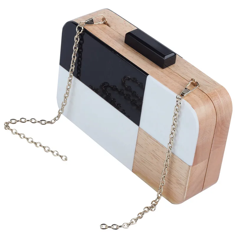 

Fashion Wood Evening Bag Lady Chain Shoulder Handbag Wallet Wedding Bridal Clutch bag Black White Color Acrylic Crossbody Bag