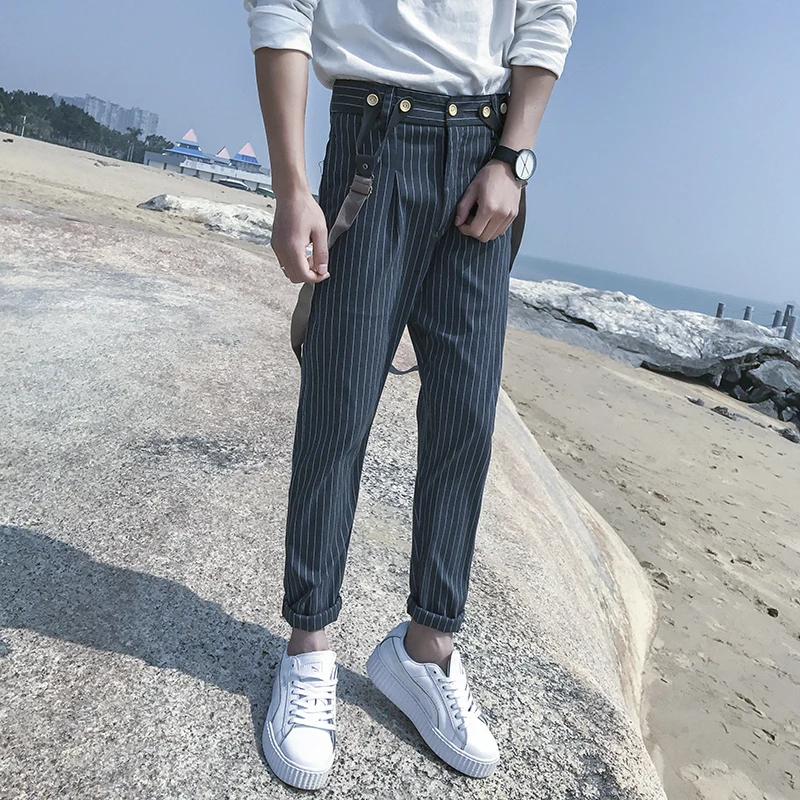 

2018 Spring Summer Newest Men's Fashion Tide Grid Stripe Suspenders Ankle-Length Pants Casual Self-cultivation Trousers M-2XL