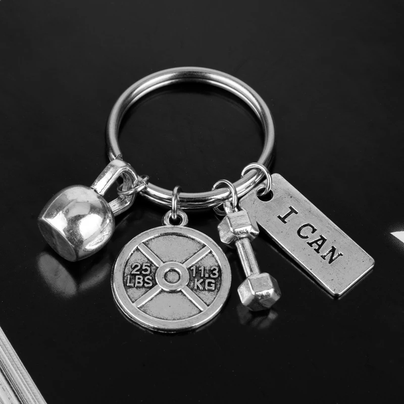 

Strength Sports Barbell Dumbbell Charm Keychain Weight Fitness Weightlifting Gym Crossfit I CAN Keyring Keychain Gift for Man