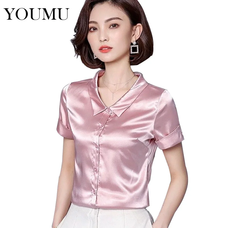 Women Faux Silk Casual Shirt Solid 7 Colors Button Plus Size M 3XL