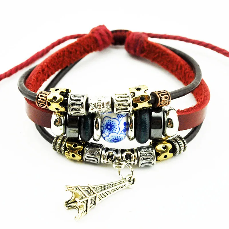 Unique Punk Bracelets With Ceramic bead Green Glass Charms and Eiffel Tower Dangle Pendant Red