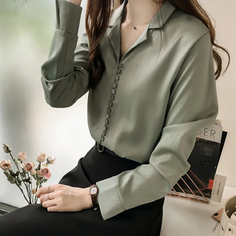 

2018 New arrived summer wear women blouse solid chiffon notched shirt Long Sleeve work wear women top style plus size 1180 40