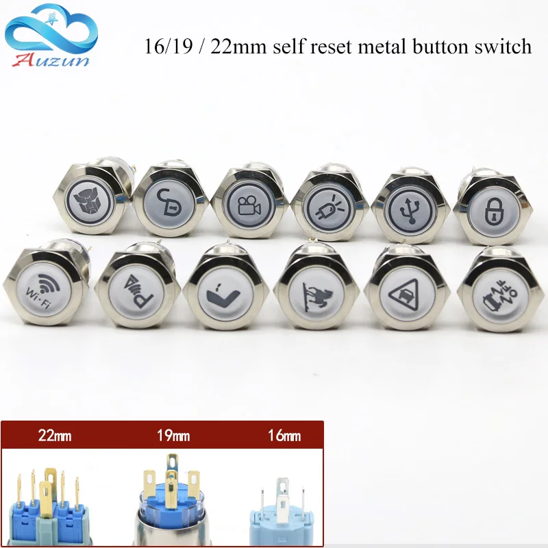 

Metal push button switch 16mm19mm22mm self-reset multiple graphics can be customized total switch 12v 24v 110v 220v usb wifi