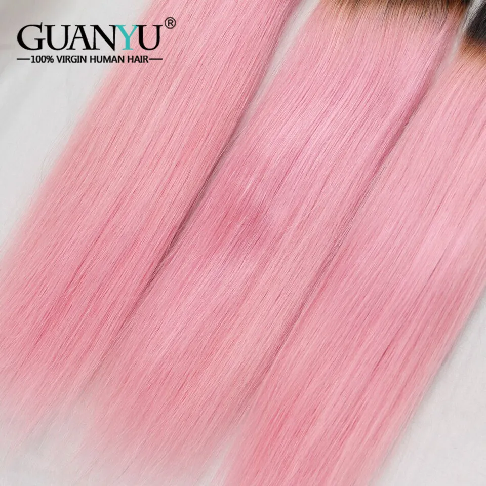 Guanyuhair# 1B/розовый Омбре 3 пучка с фронтальным кружевом Закрытие 13X4 уха к уху перуанские прямые человеческие волосы переплетение с темными корнями