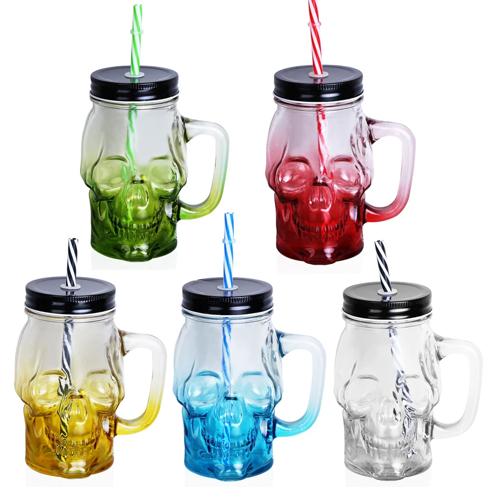 

1Pcs Skull Mason Jar 500ML Creative Design Glass Beer Mug With A Straw And Lid As Home Bar Party Decoration