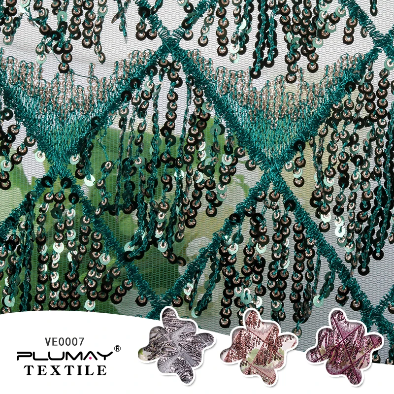 

100%Polyester 3+5mm stretch lace tassel sequin embroidered fabric for garment by half(1/2) yard