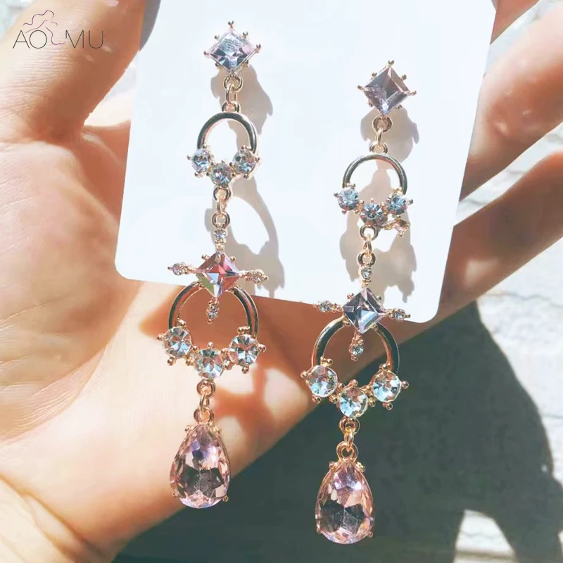 

AOMU Korea Baroque Pink Purple Water Drop Crystal Rhinestone Long Tassel Metal Circle Chain Drop Earrings for Women Party Jewelr