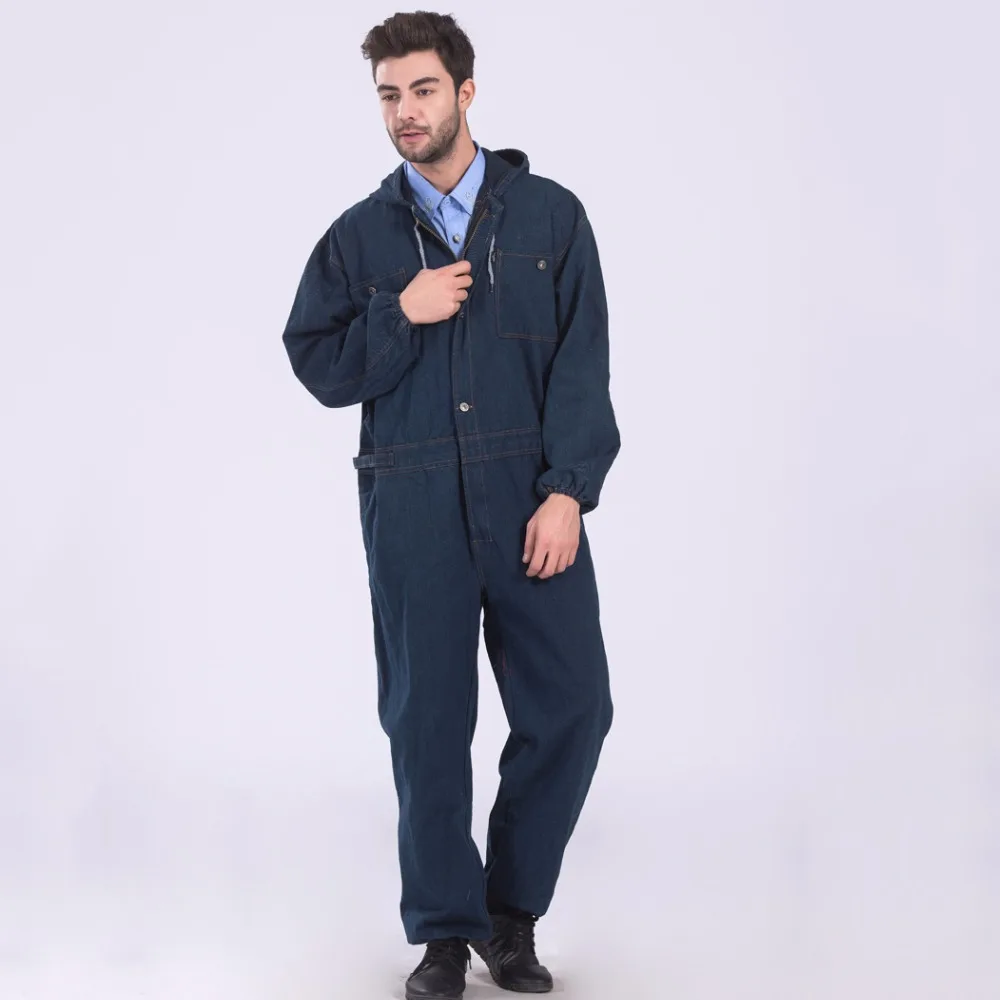 

Men Denim Overalls Long Sleeve Large Size Work Clothing Hooded Working Coveralls Factory Uniforms Dust-proof Welding Auto Repair