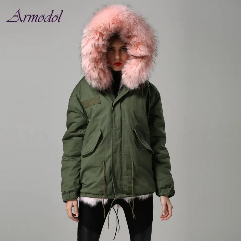 Fashion Winter Women Fur Jacket light Pink Real Fox Fur Jacket Short Parka With Big Raccoon Hood