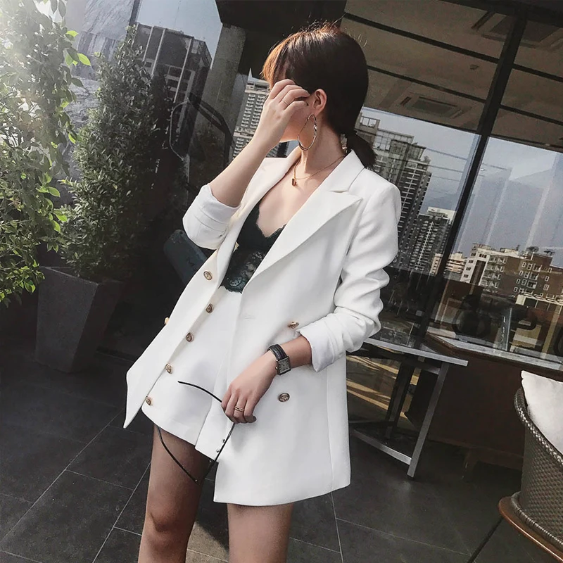 

2018 new Office Lady Rivet Vintage Pant Suits 2 Piece Sets Elegant Notched Solid Jacket Blazer + Fashion High Waist Mini Trouser