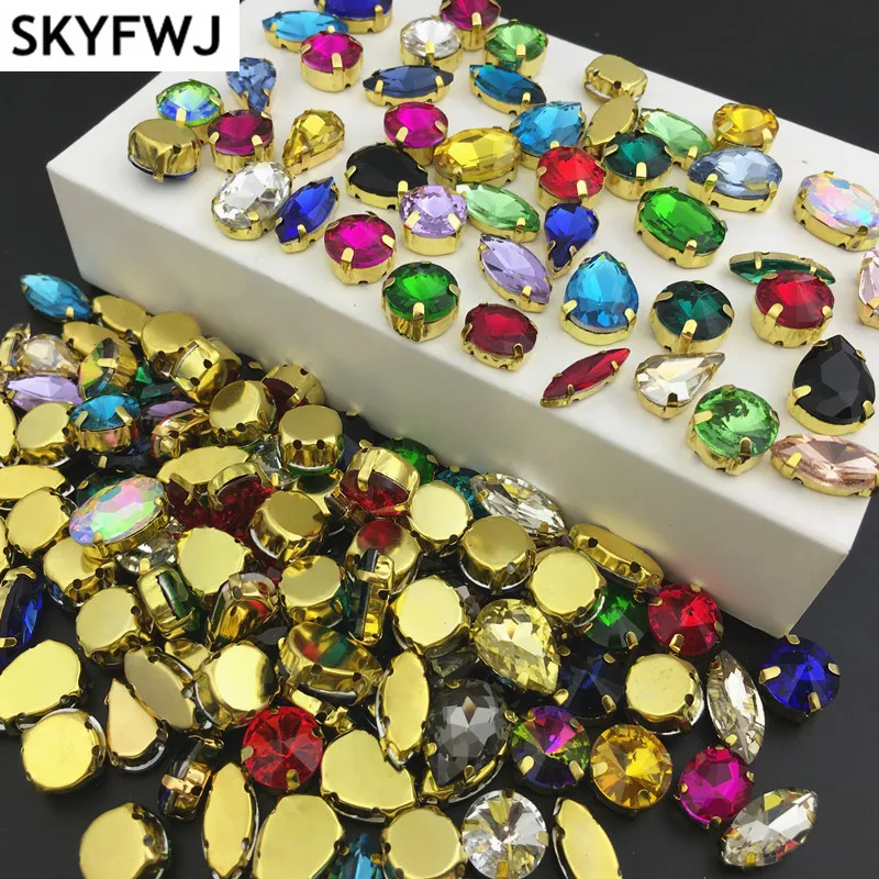 

100pcs Randomly Mix Color Shapes Sew On Rhinestone Glass Crystal with Gold Claw Setting Strass DIY Wedding Dress Bags Decoration