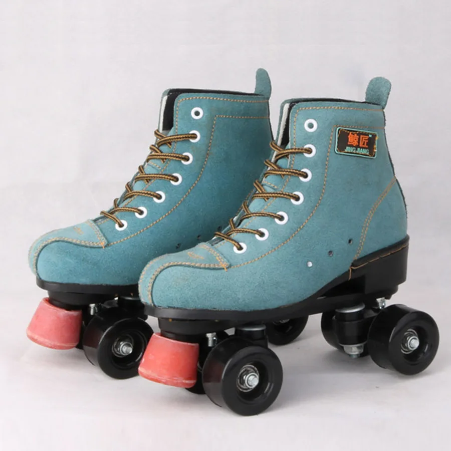 Japy الاصطناعي جلدية زلاجات دوارة الأخضر مزدوجة خط الجليد الرجال الكبار اثنين خط أحذية التزلج Patines مع الأسود PU 4 عجلات