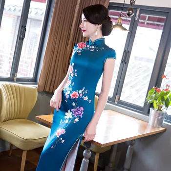

2019 Fashion Long Cheongsam Chinese style Mandarin Collar Dress Womens Summer Rayon Qipao Slim Party Dresses Vestido S-3XL