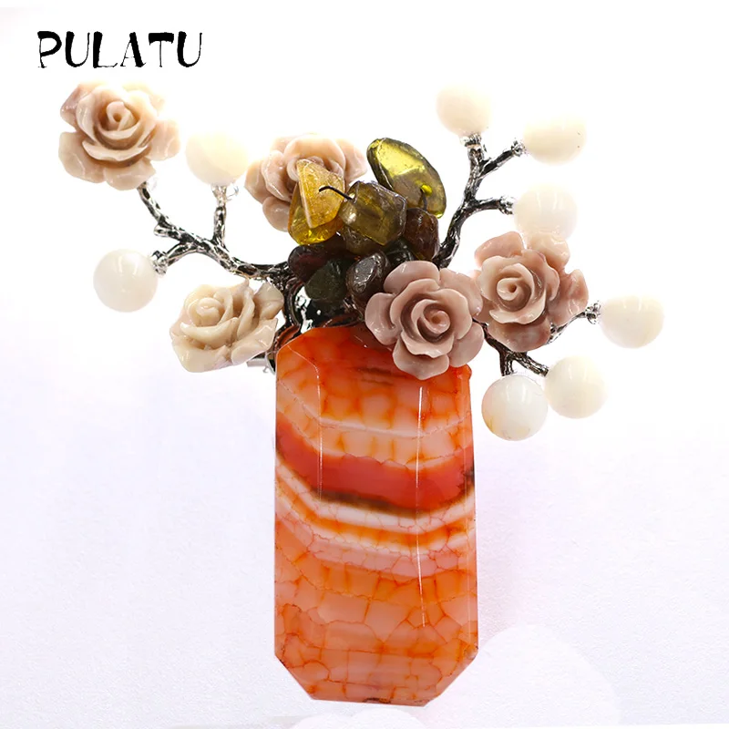 

Pulatu Vintage Natural Stone Brooches Pins For Clothing Crystal Coral Inlay White Shell Leaves Women Brooches Party Supplies