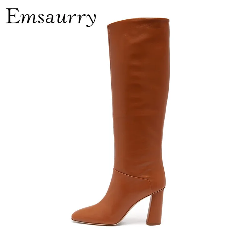 

Fashion Round Heel High Boots Genuine Leather Round Toe Black Brown Autumn Winter Knee High Boots Women