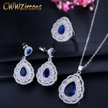 

3 layers Cubic Zirconia Paved Water Drop Blue Created Topaz Earring Necklace Ring 925 Silver Jewelry Set For Women T283