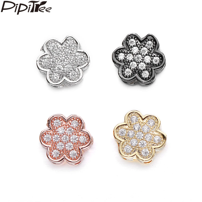 

Pipitree 4pcs/lot Wholesale Delicate Copper CZ Zircon Flower Beads for Jewelry Making 10MM DIY Spacer Beads Charms fit Bracelet