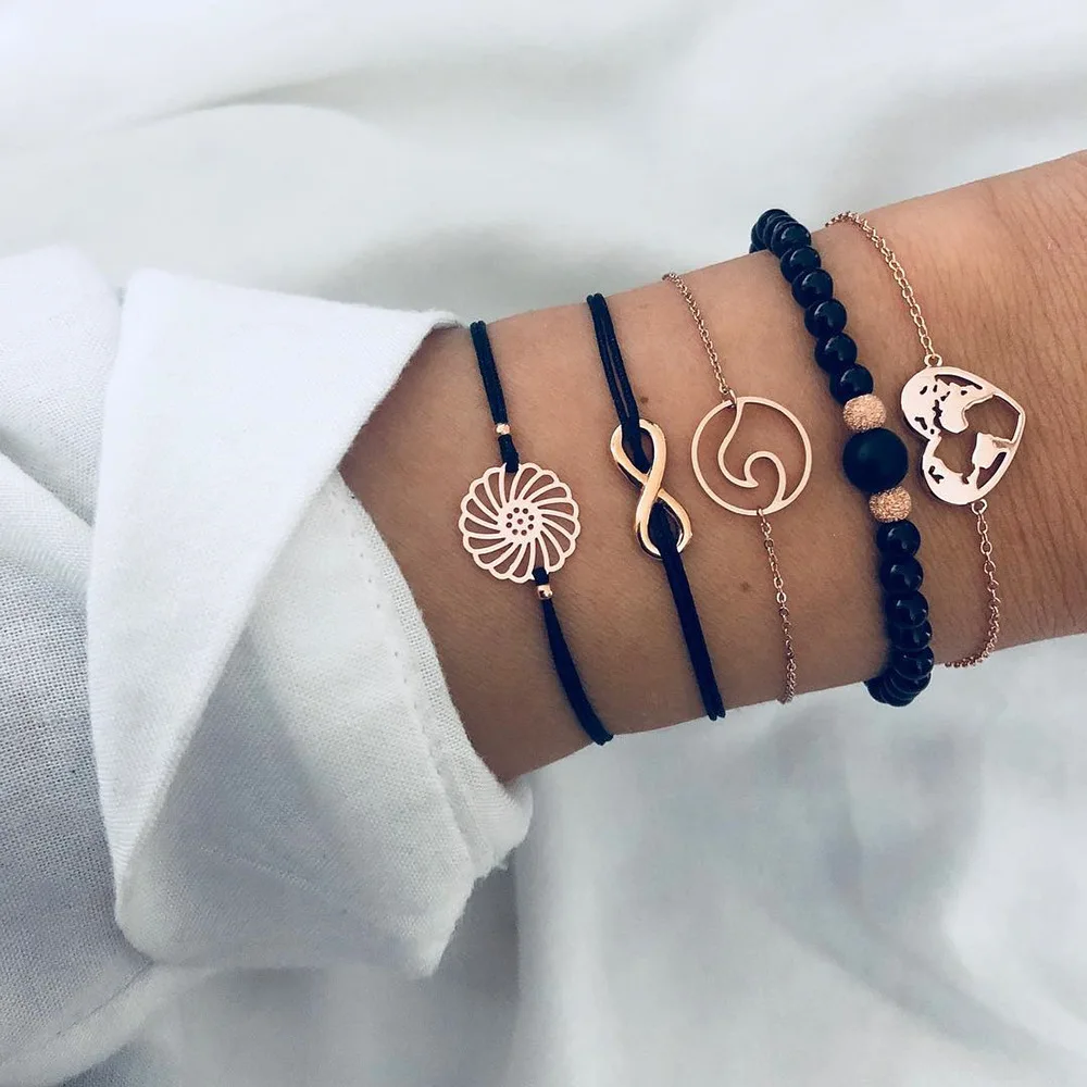 

5Pcs/set Delicate Heart Map Wave Beads Flower Digital Chain Leather Gold Multilayer Bracelet Set Women Jewelry Gifts