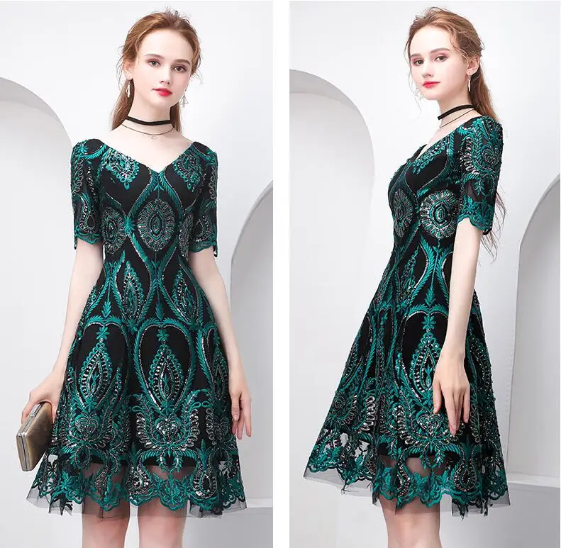 Beauty Emily Vintage pattern short Evening Dress 2019 New year party prom gowns appliques evening dresses vestido para festa