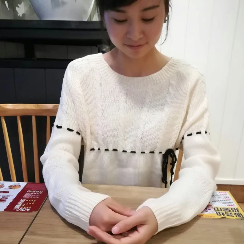 

2017 spring autumn Women Rayon Sweater Women Casual Warm Cotton O-neck Pullover Women Sweater Bow beige